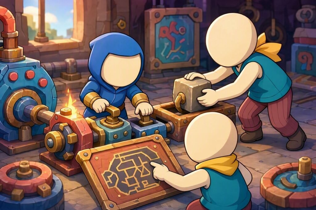 Players working together to solve a co-op game puzzle