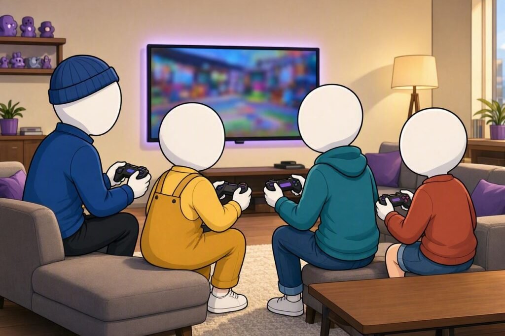 Four friends playing a local couch co-op game