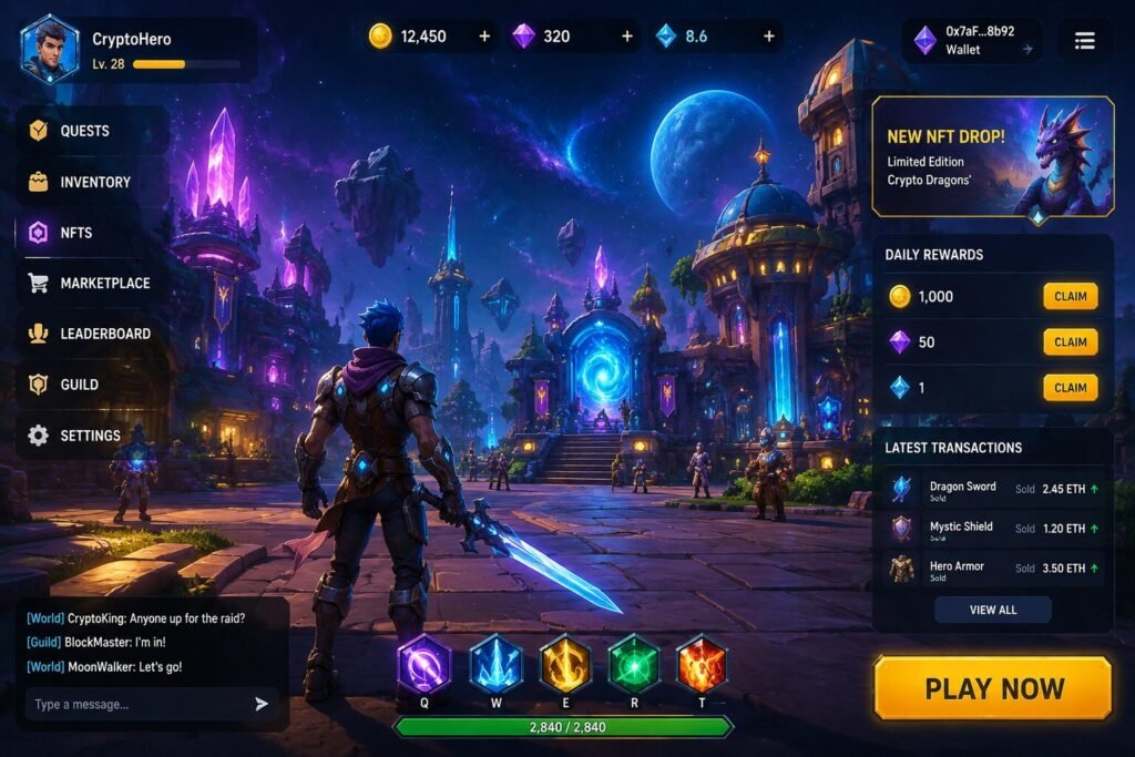 Crypto gaming interface showing blockchain game features including NFTs, a crypto wallet, game tokens, rewards and an in-game marketplace.