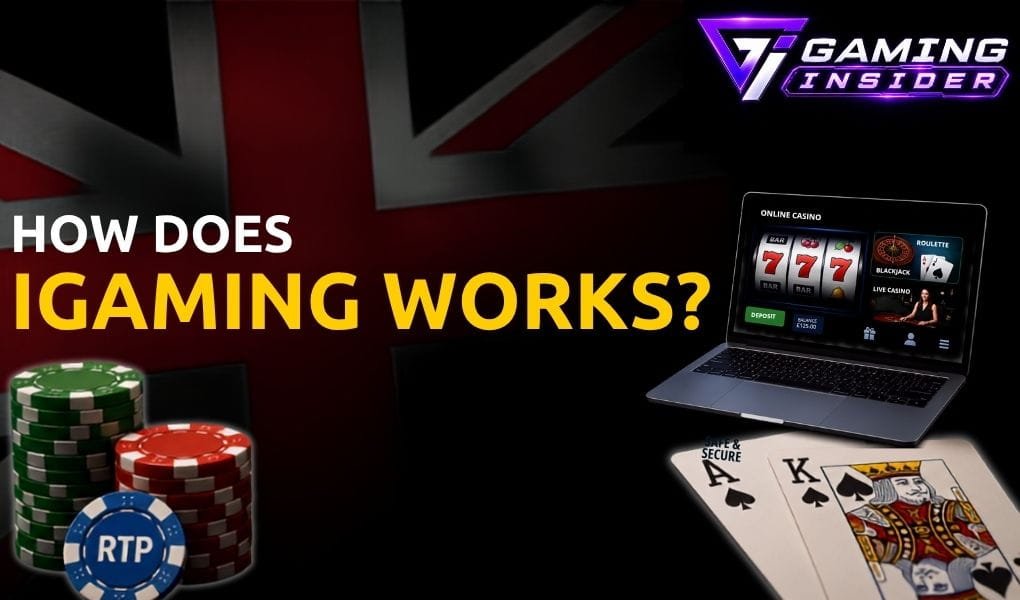 Online casino laptop with RTP chips and playing cards illustrating how iGaming works
