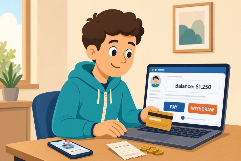 iGaming payment and withdrawal options shown on a laptop with a digital balance