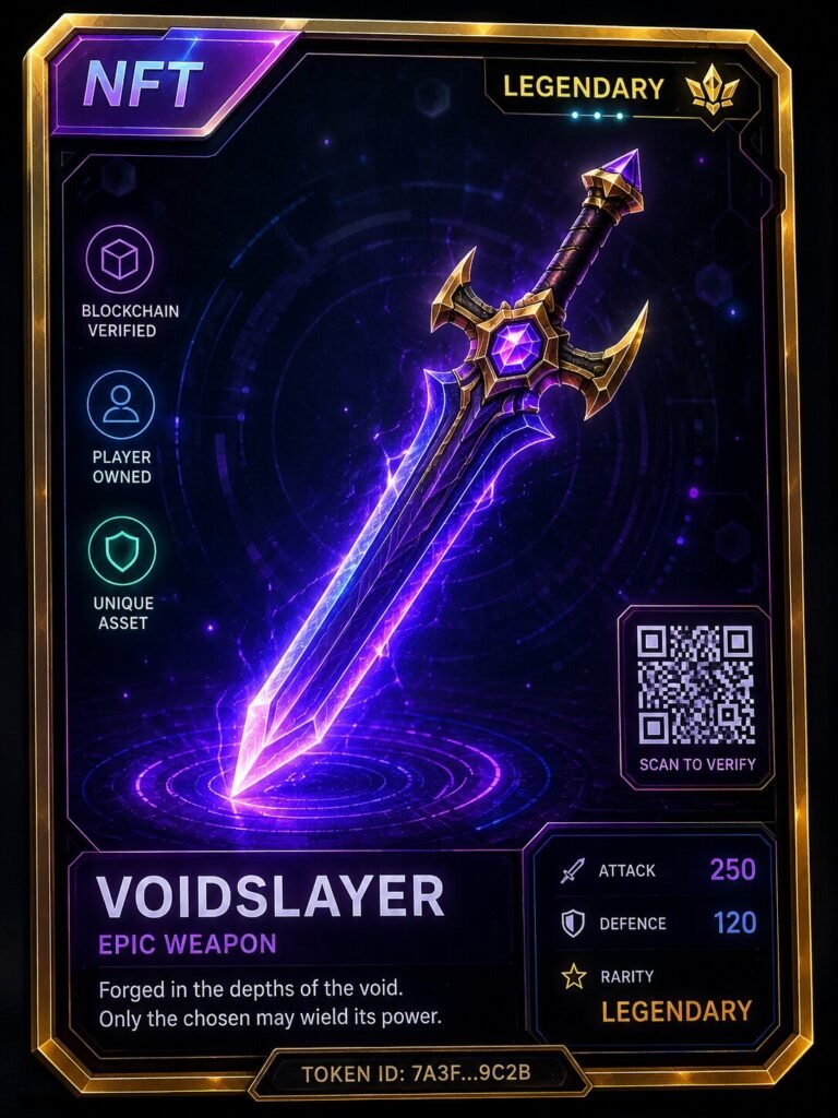 Alt text: NFT gaming card featuring a legendary digital sword representing a unique in-game asset