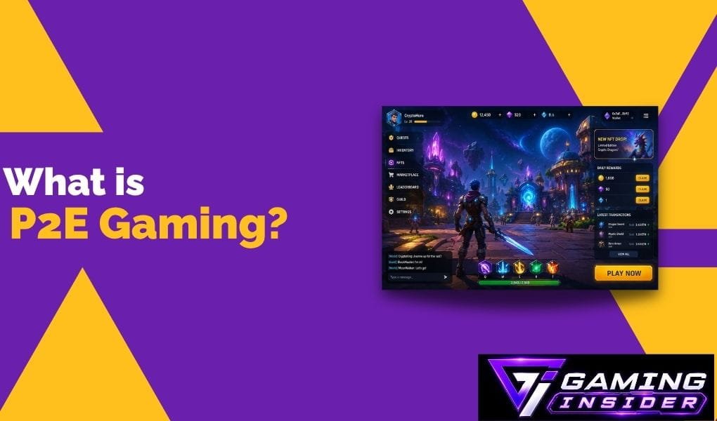 Play-to-earn gaming explained with a P2E game interface and blockchain rewards