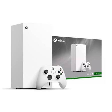 White Xbox Series X console with an Xbox wireless controller.